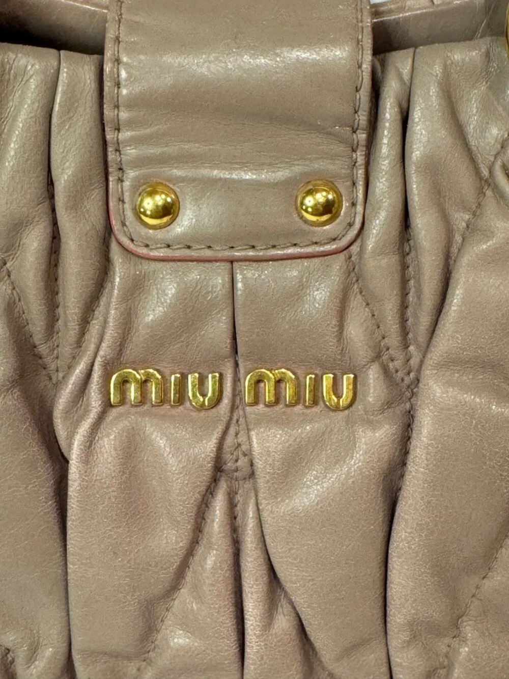 MIU MIU Matelasse Lux Satchel Cammeo Taupe Braided Handle Gold Turn Lock Lambski